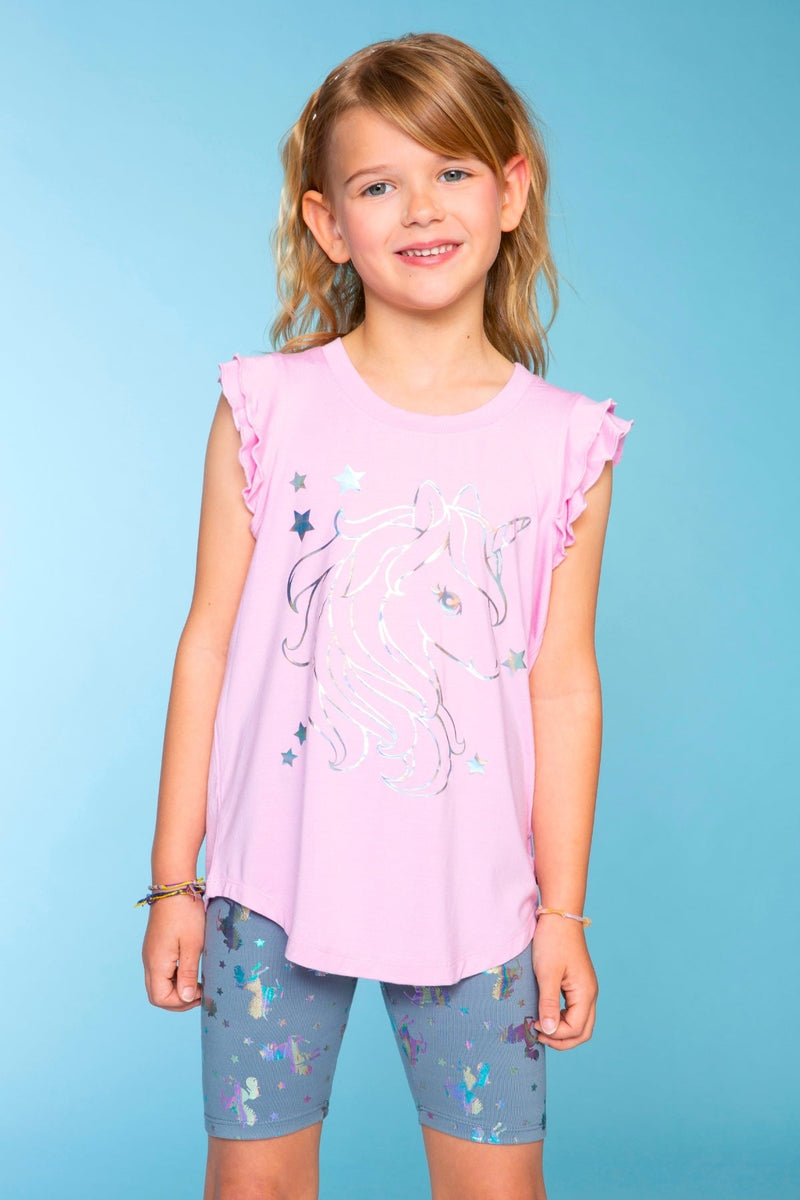 Multipack: Modal Flutter Sleeve Shirttail Top & Simply Soft Biker Short - Pink Rainbow Unicorn | Denim Foil Unicorn - Image 2