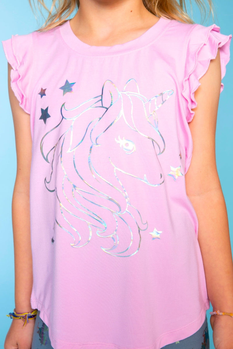 Multipack: Modal Flutter Sleeve Shirttail Top & Simply Soft Biker Short - Pink Rainbow Unicorn | Denim Foil Unicorn - Image 3