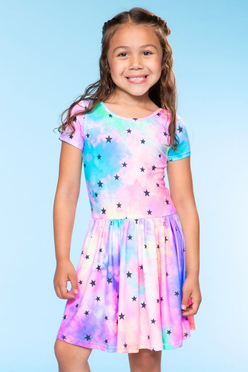 Multipack: Simply Soft Short Sleeve Be Happy Dress & High Shine Biker Short - Neon Tie Dye Star | Black - Image 2