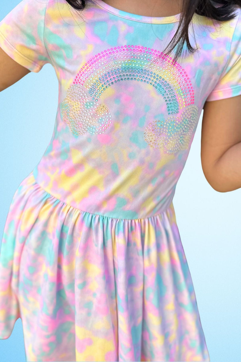 Multipack: Simply Soft Short Sleeve Scoop Back Be Happy Dress & Luxe Biker Short - Pastel Tie Dye Rainbow Crystals | Black Butterfly Rhinestone - Image 3