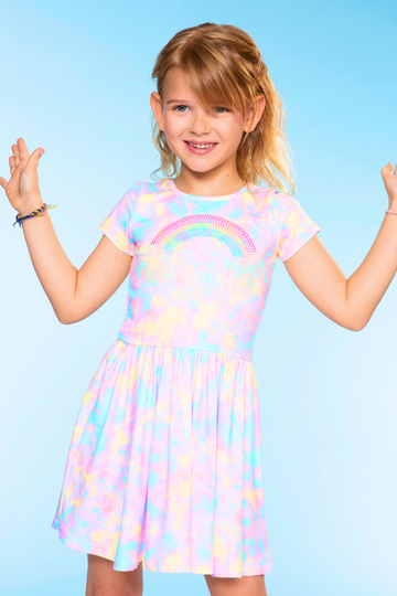 Simply Soft Short Sleeve Scoop Back Be Happy Dress - Pastel Tie Dye Rainbow Crystals - NEW!