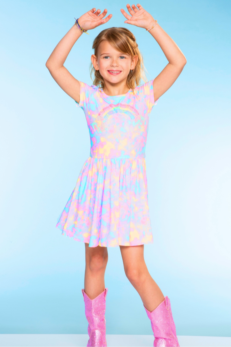 Simply Soft Short Sleeve Scoop Back Be Happy Dress - Pastel Tie Dye Rainbow Crystals - Image 4