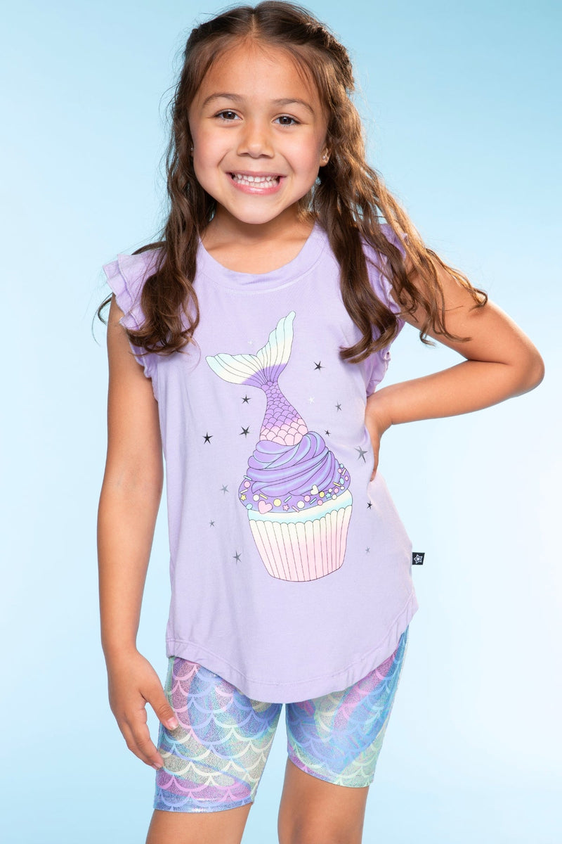 Multipack: Modal Flutter Sleeve Shirttail Top & High Shine Biker Short - Lavender Mermaid Cupcake | Foil Rainbow Mermaid - Image 3