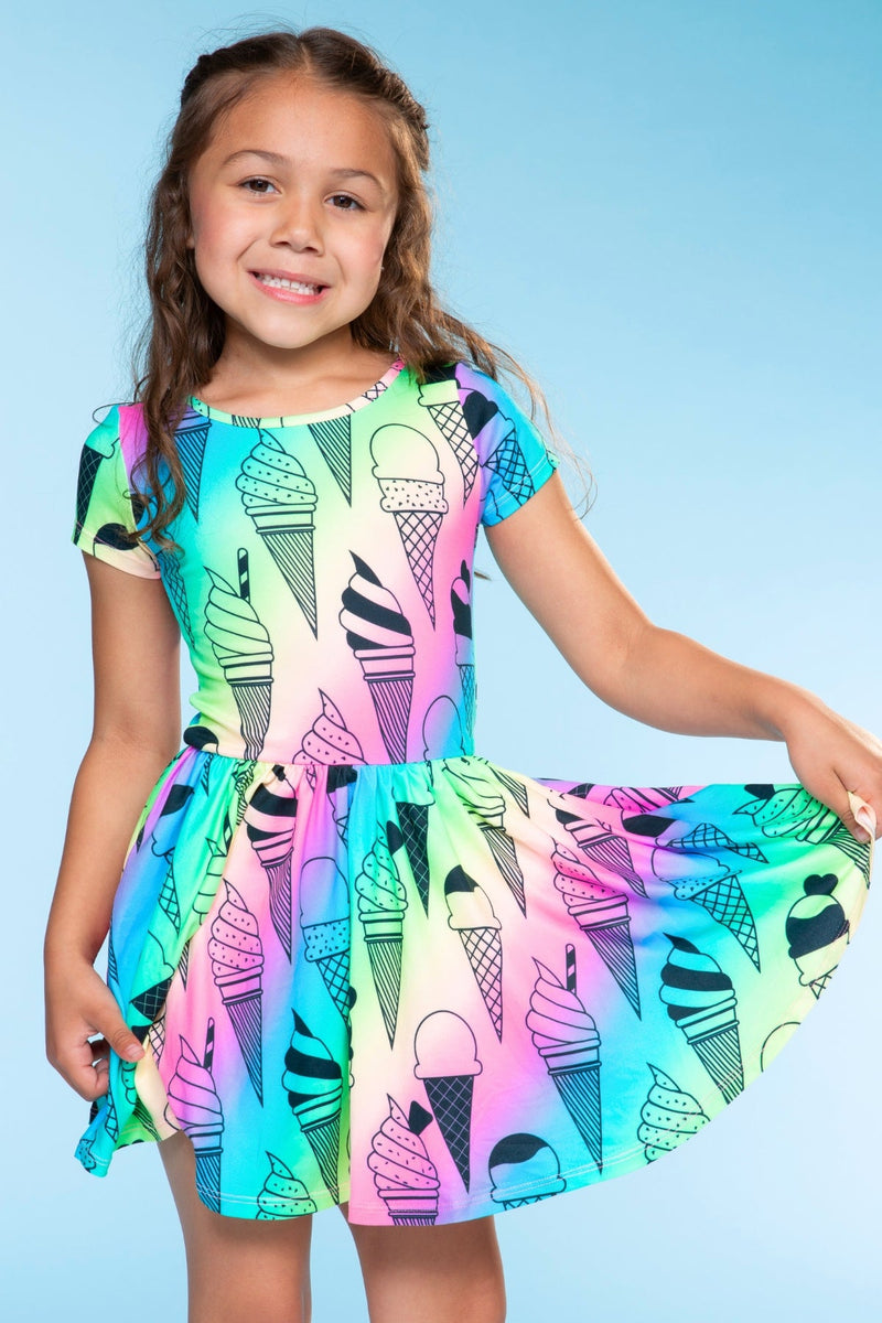 Multipack: Simply Soft Short Sleeve Scoop Back Be Happy Dress & Luxe Biker Short - Rainbow Ice Cream | Black Butterfly Rhinestone - Image 2