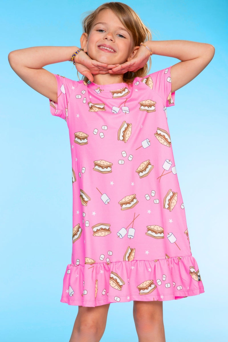 Simply Soft Short Sleeve Ruffle Nightgown - Neon Pink S'mores - Image 2