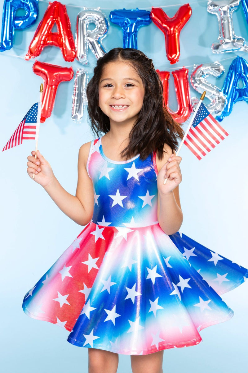 Glitter Tank Super Twirl Dress - Blue Red Stripe Star - Image 1