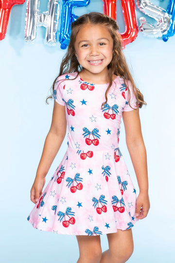 Simply Soft Short Sleeve Scoop Back Be Happy Dress - Pink Tie Dye Cherry Bow - NEW!