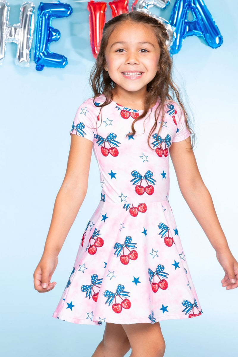 Multipack: Simply Soft Short Sleeve Scoop Back Be Happy Dress & Luxe Biker Short - Pink Tie Dye Cherry Bow | Black Butterfly Rhinestone - Image 3