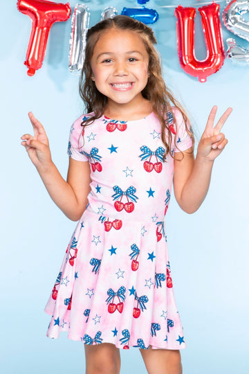 Simply Soft Short Sleeve Scoop Back Be Happy Dress - Pink Tie Dye Cherry Bow - NEW!