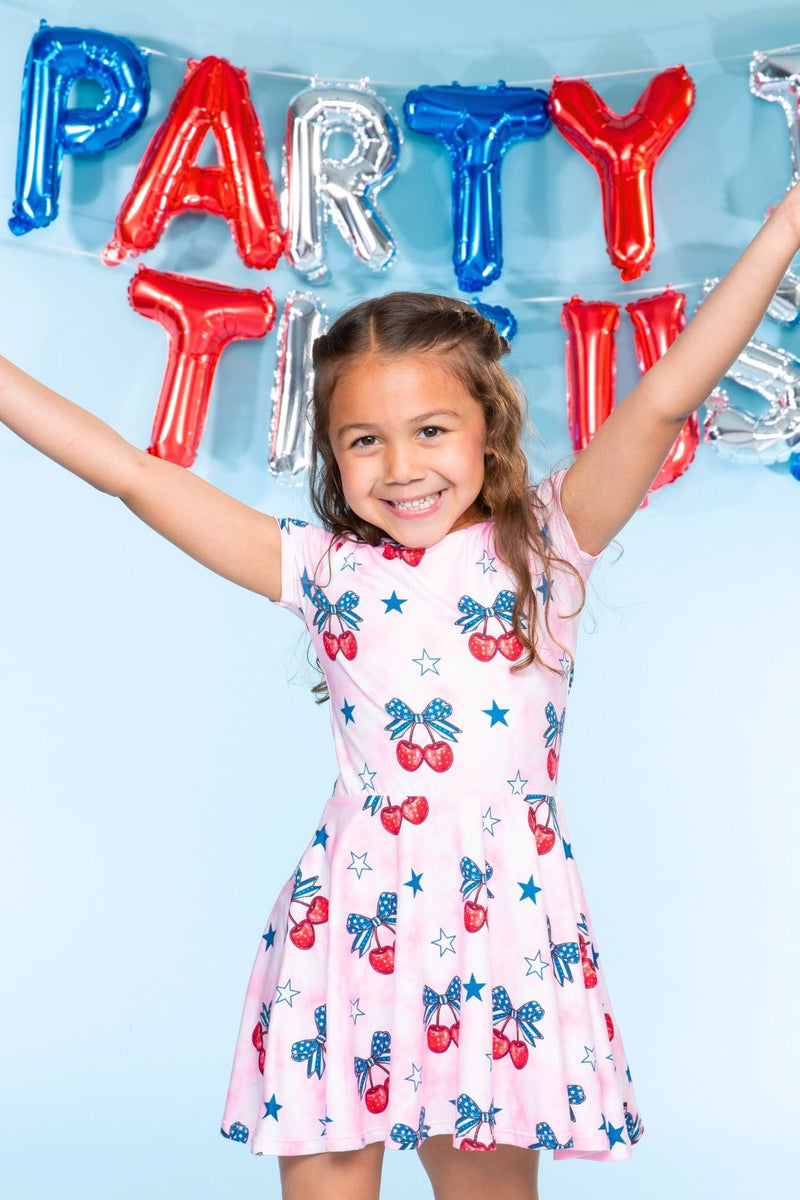 Simply Soft Short Sleeve Scoop Back Be Happy Dress - Pink Tie Dye Cherry Bow - Image 2