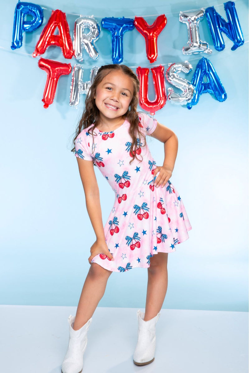 Simply Soft Short Sleeve Scoop Back Be Happy Dress - Pink Tie Dye Cherry Bow - Image 4