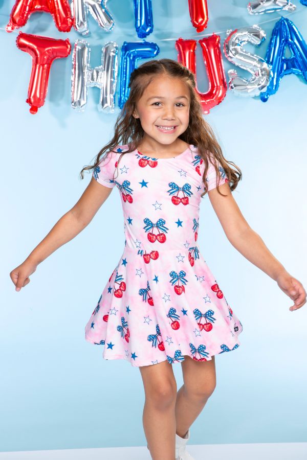 Simply Soft Short Sleeve Scoop Back Be Happy Dress - Pink Tie Dye Cherry Bow - Image 3