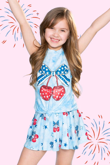 Simply Soft Sleeveless Tie Tank & Skort Set - Blue Tie Dye Cherry Bow - NEW!