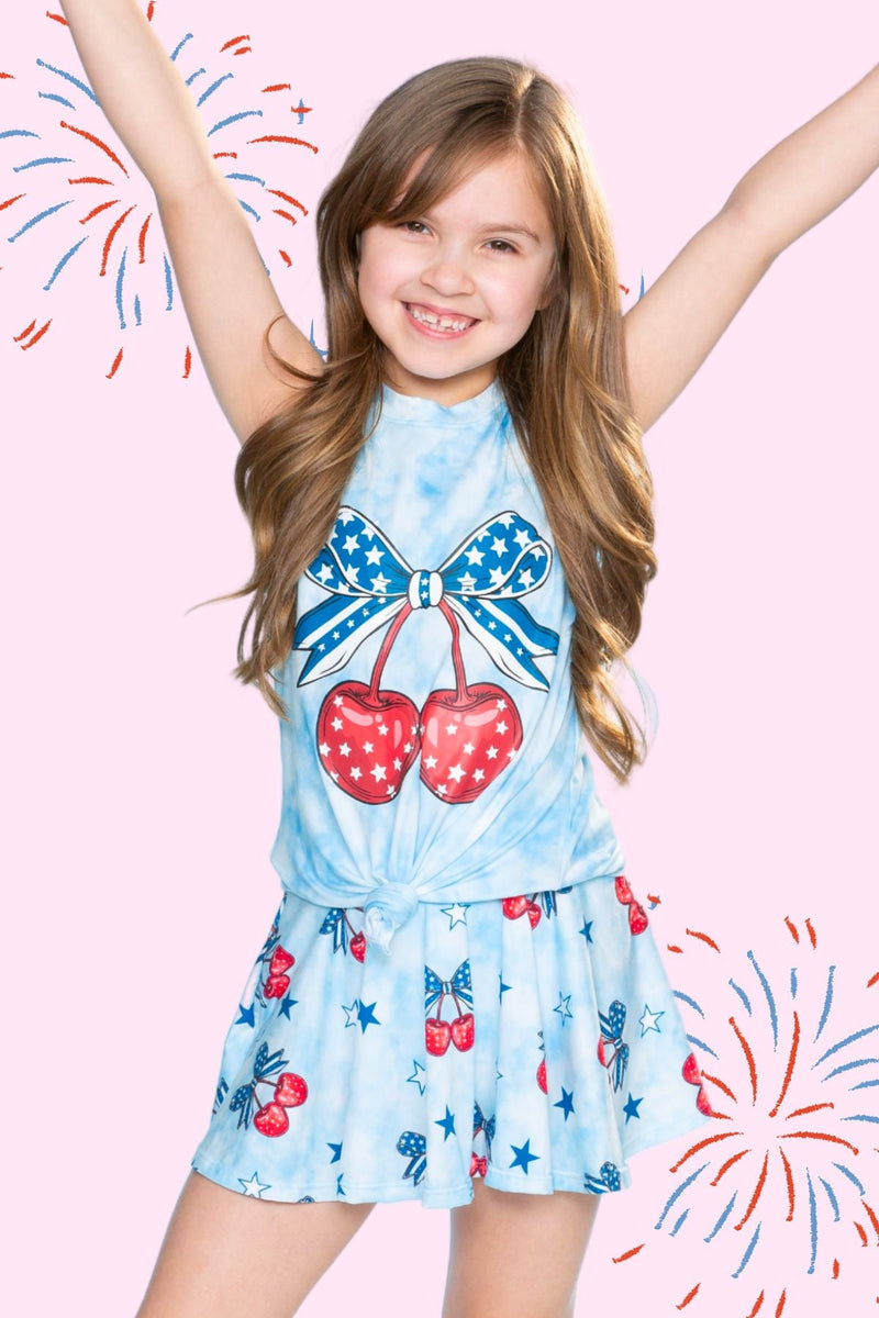 Simply Soft Sleeveless Tie Tank & Skort Set - Blue Tie Dye Cherry Bow - Image 1