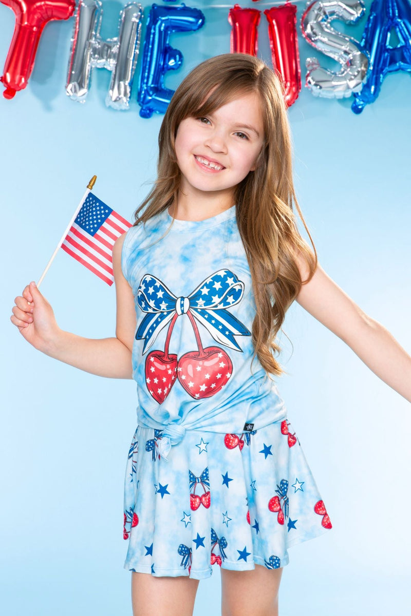 Simply Soft Sleeveless Tie Tank & Skort Set - Blue Tie Dye Cherry Bow - Image 2