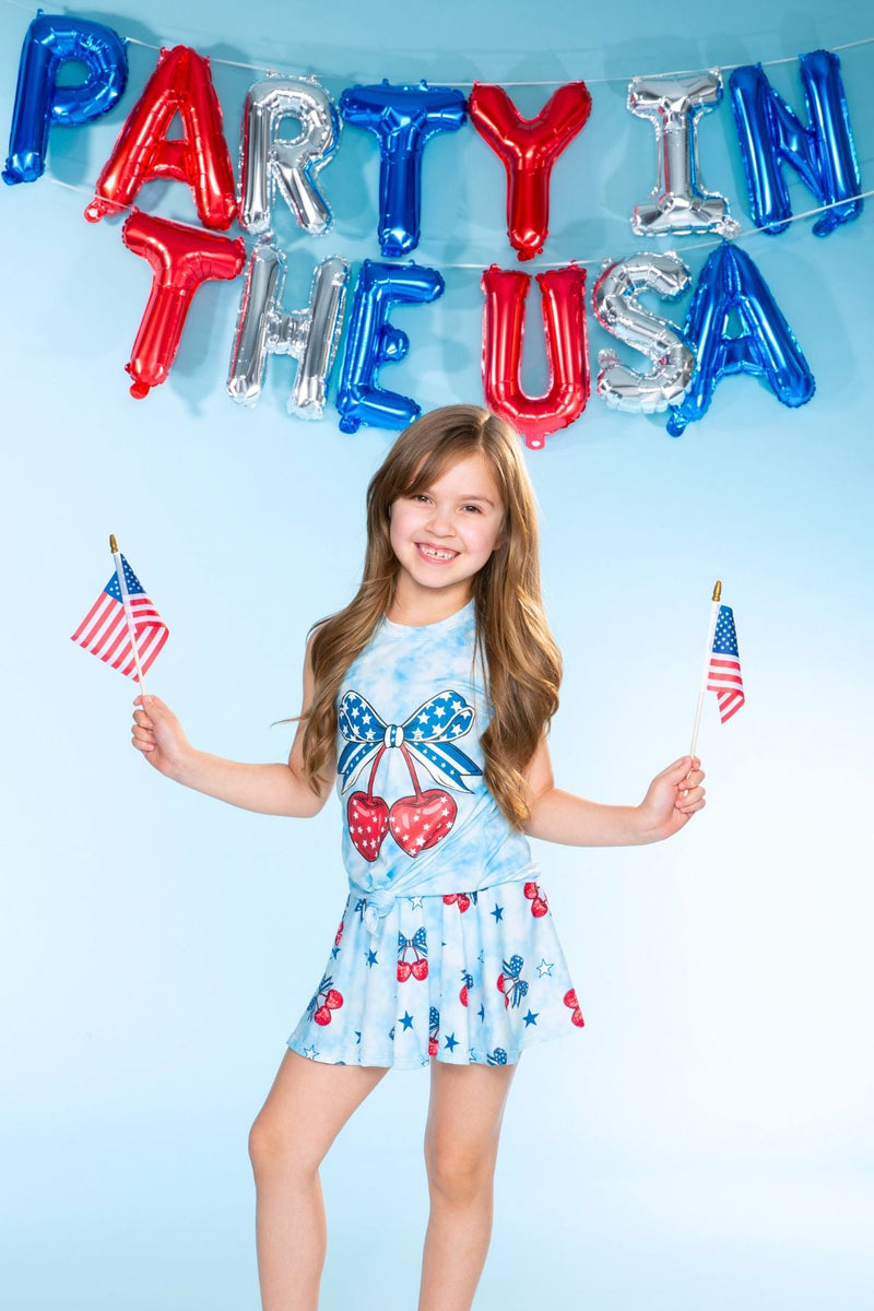 Simply Soft Sleeveless Tie Tank & Skort Set - Blue Tie Dye Cherry Bow - Image 4