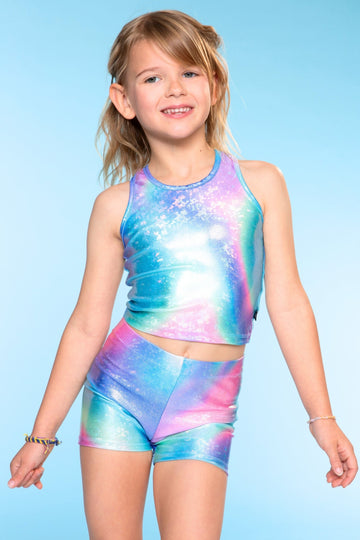 High Shine Cropped Racerback Tank & Tumble Short - Foil Rainbow Tie Dye - NEW!