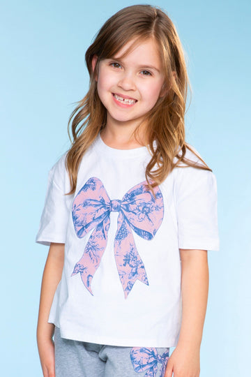Washed Cotton Drop Shoulder Tee - White Floral Bow - NEW!