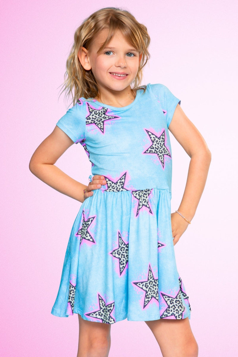 Simply Soft Short Sleeve Be Happy Dress - Denim Leopard Star - NEW! - Image 1
