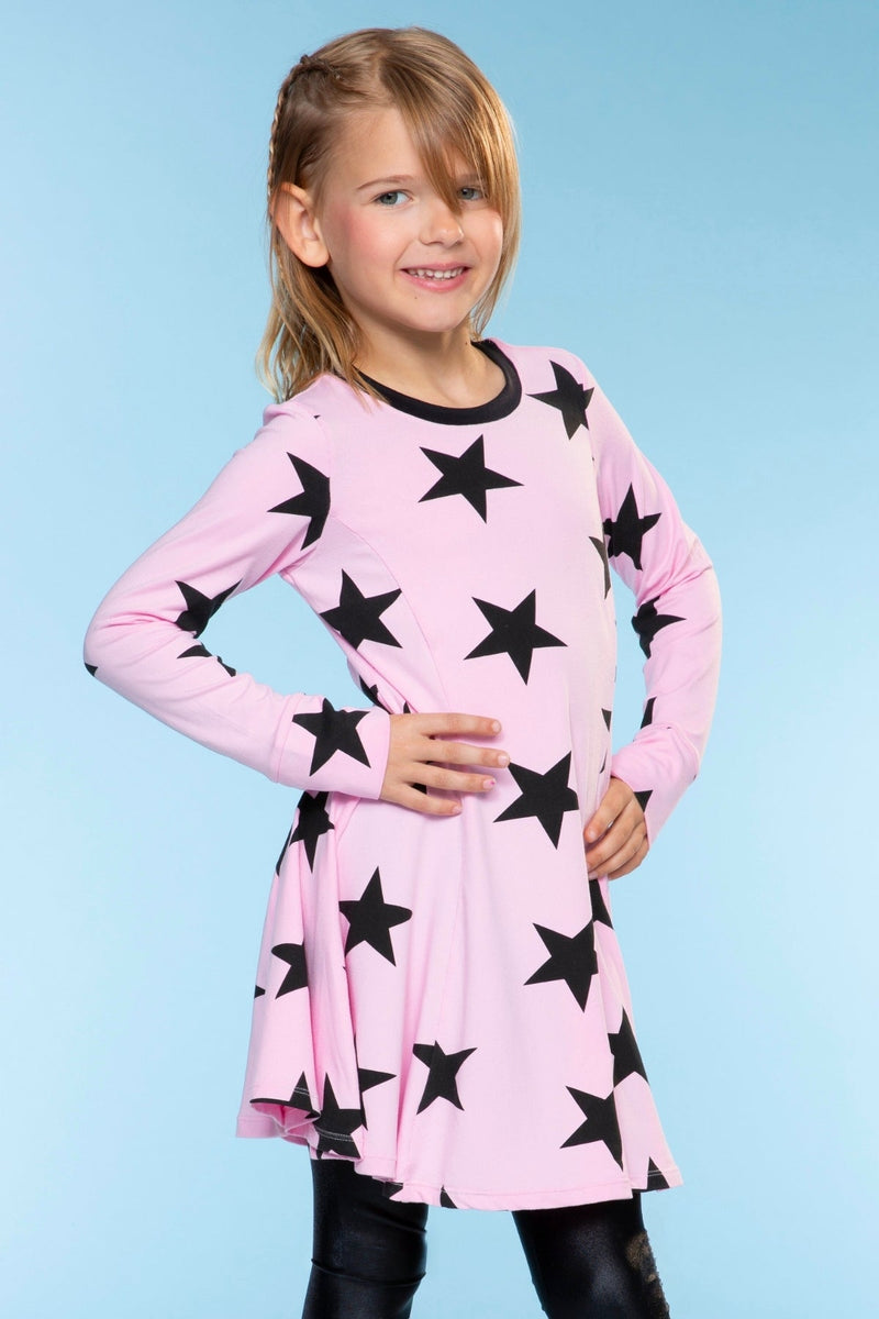 Simply Soft Long Sleeve Twirl Dress - Pink Black Stars