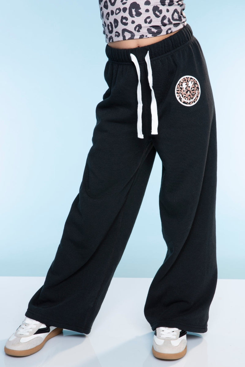 French Terry Luxe Wide Leg Sweatpant - Black Smile Leopard