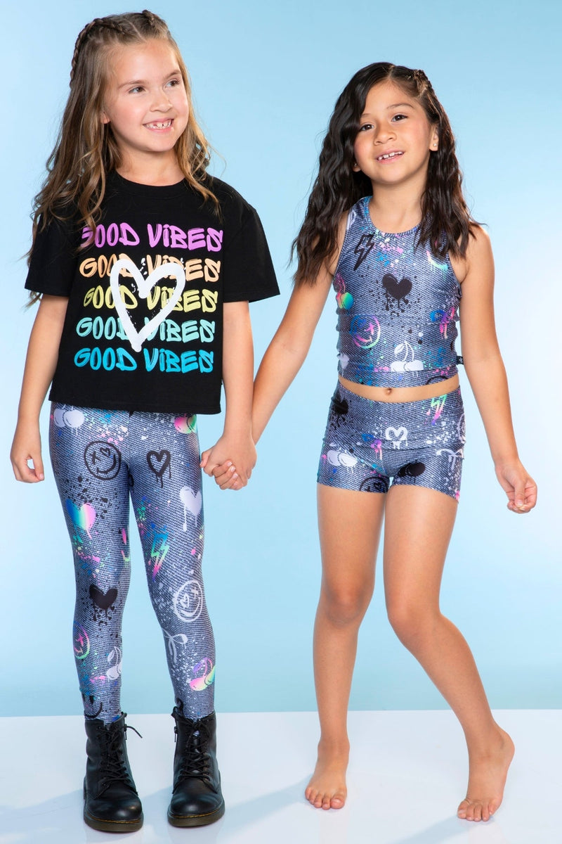 High Shine Cropped Racerback Tank & Tumble Short - Charcoal Graffiti Elements - NEW! - Image 4