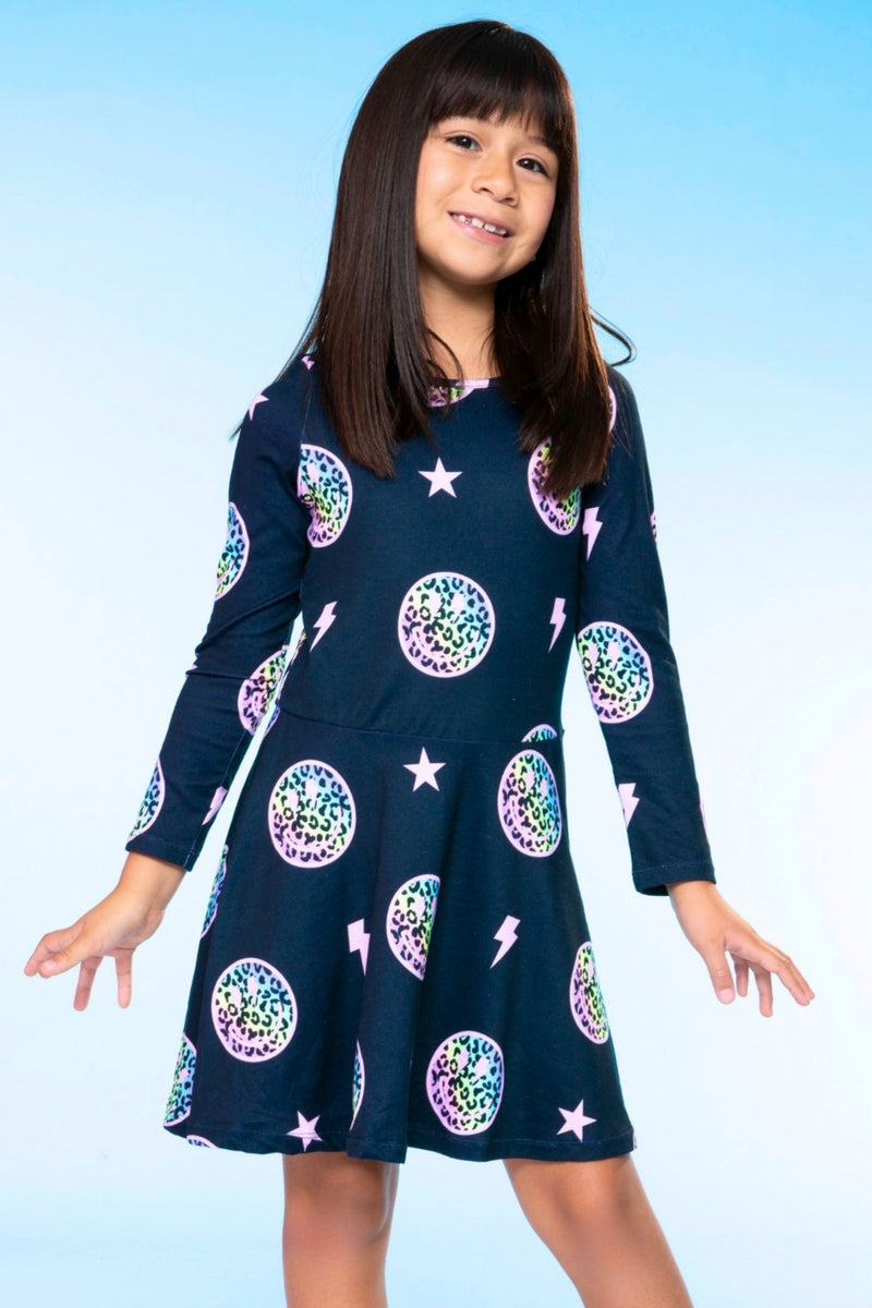 Simply Soft Long Sleeve Skater Dress - Black Rainbow Leopard Smile - NEW! - Image 1