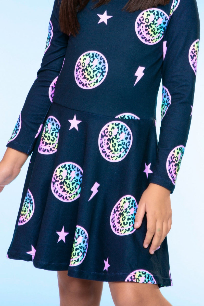 Simply Soft Long Sleeve Skater Dress - Black Rainbow Leopard Smile - NEW! - Image 2
