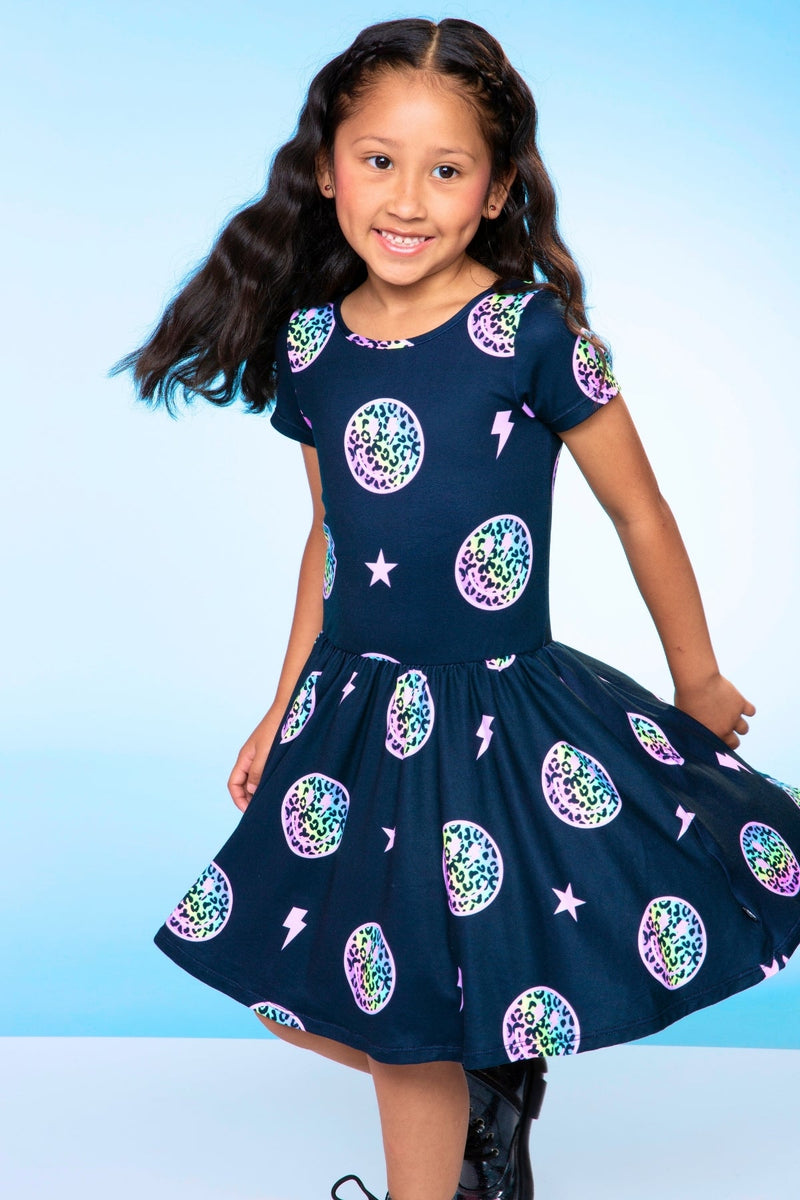 Simply Soft Short Sleeve Be Happy Dress - Black Rainbow Leopard Smile - NEW! - Image 1