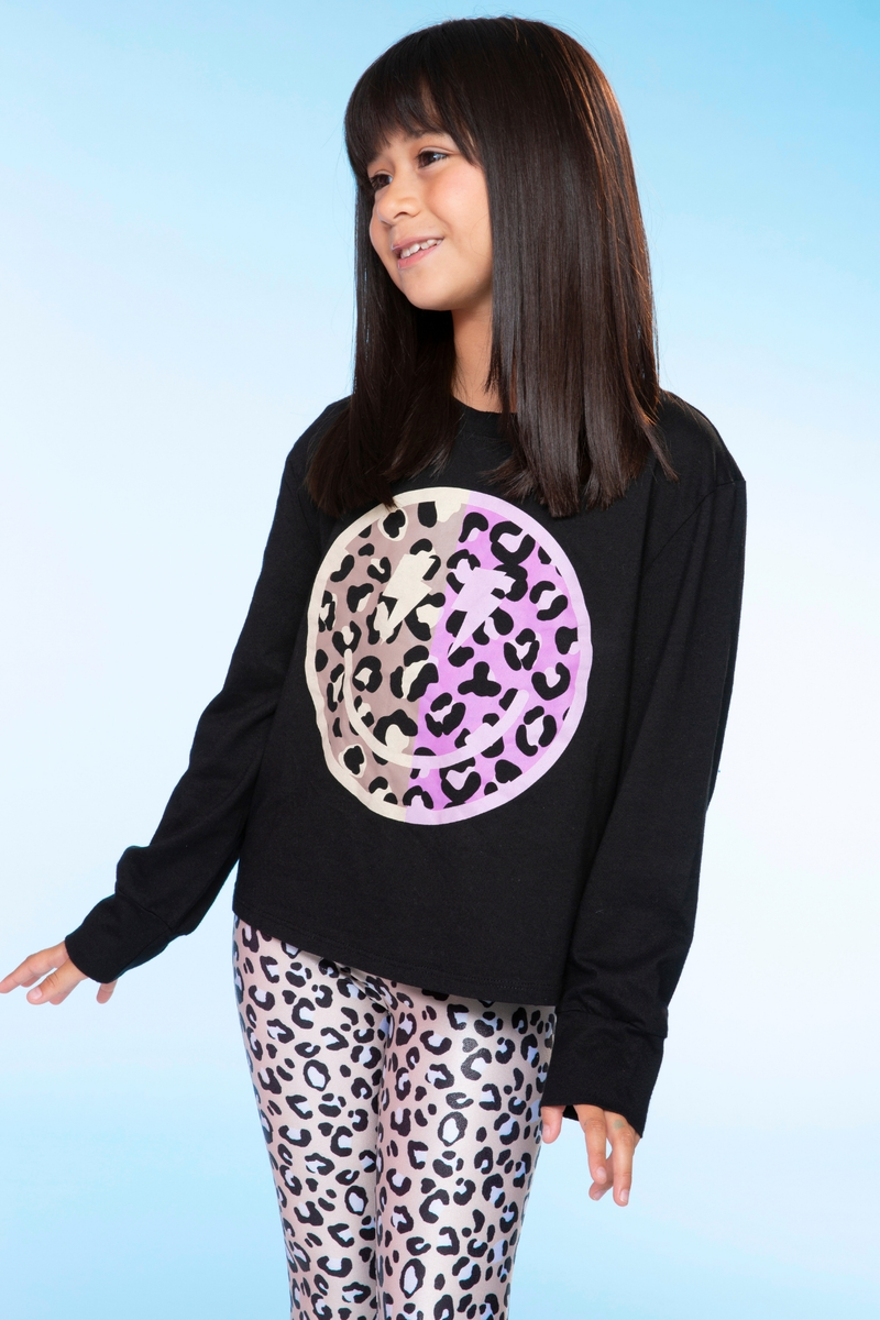 Washed Cotton Long Sleeve Easy Tee - Black Leopard Smile