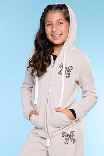 Cotton Soft French Terry Easy Zip Hoodie - Latte Leopard Bow - NEW!