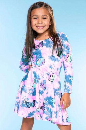 Simply Soft Long Sleeve Be Happy Dress - Pink Tye Dye Emoji - NEW!