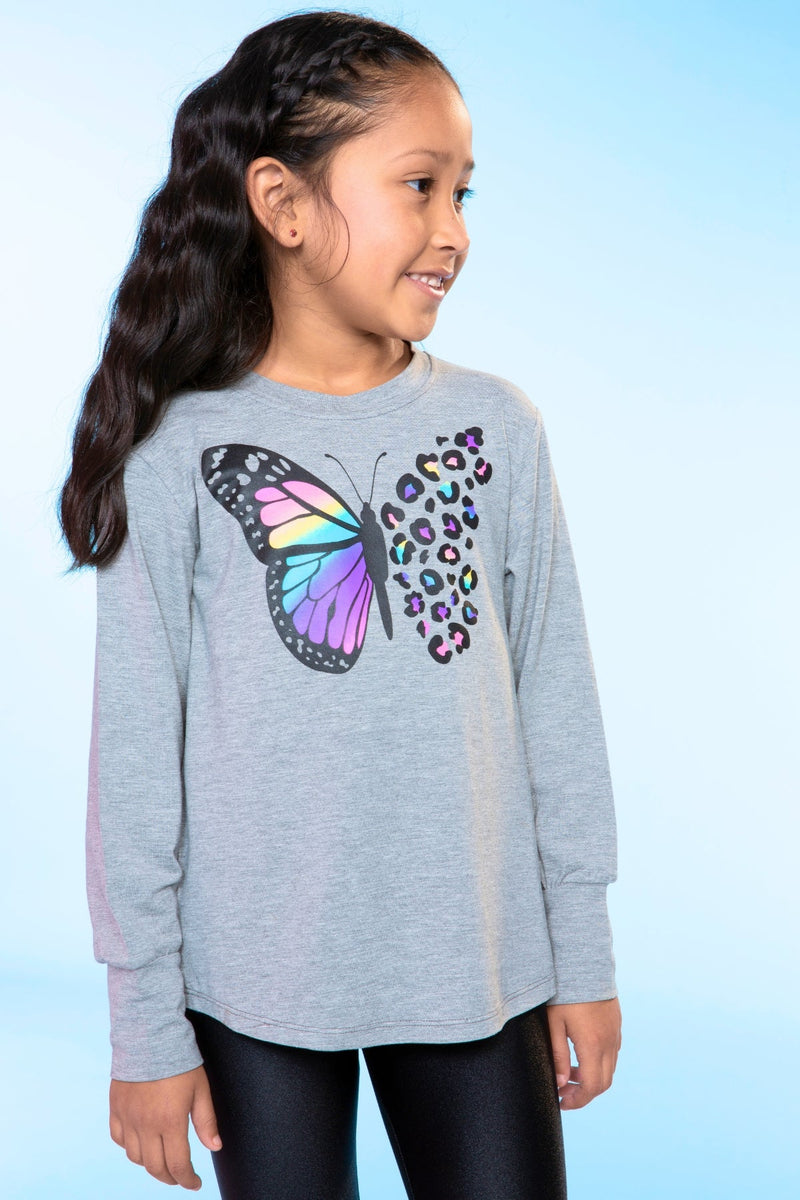 Modal Long Sleeve Shirttail Top - Heather Grey Butterfly