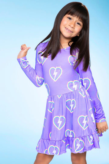 Simply Soft Long Sleeve Be Happy Flounce Dress - Purple Heart Bolt - NEW!