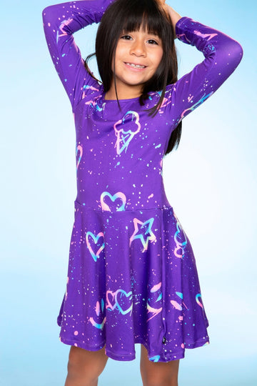 Simply Soft Long Sleeve Skater Dress - Purple Graffiti Rainbow - NEW!