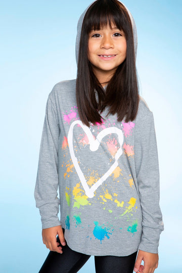 Modal Knit Hoodie Pullover W/Thumbholes - Heather Grey Rainbow Heart - NEW!
