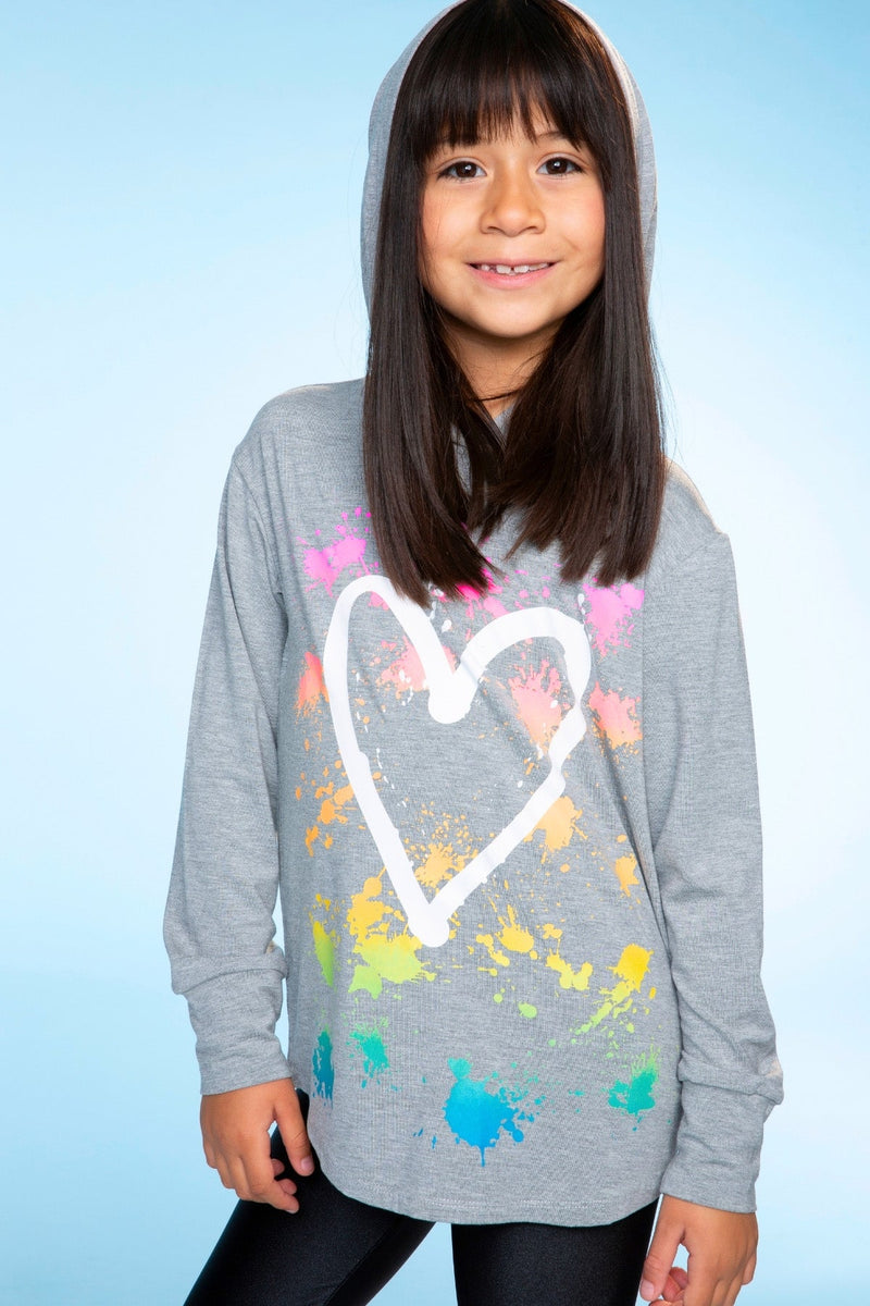 Modal Knit Hoodie Pullover W/Thumbholes - Heather Grey Rainbow Heart