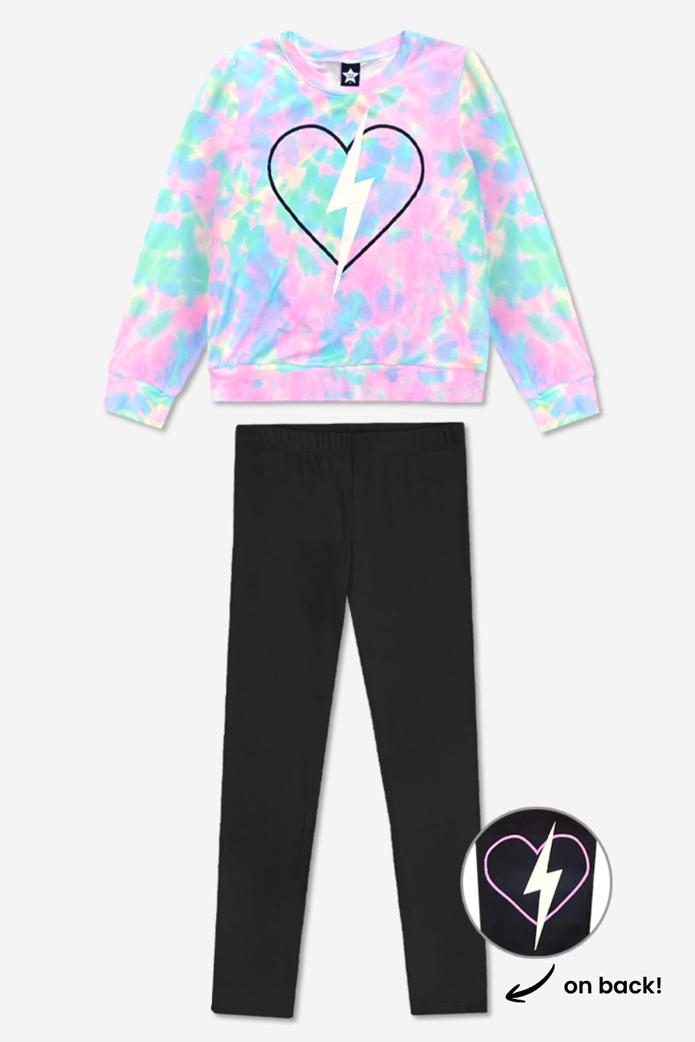 Simply Soft Long Sleeve Crew Top & Long Legging Set - Tie Dye Heart Bolt - LOVE!