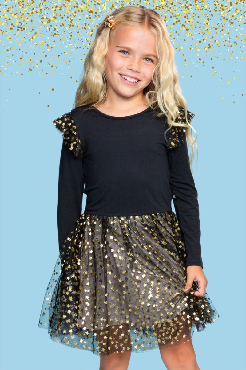 Simply Soft Bow Back Be Happy Tulle Dress - Black Foil Stars - NEW!