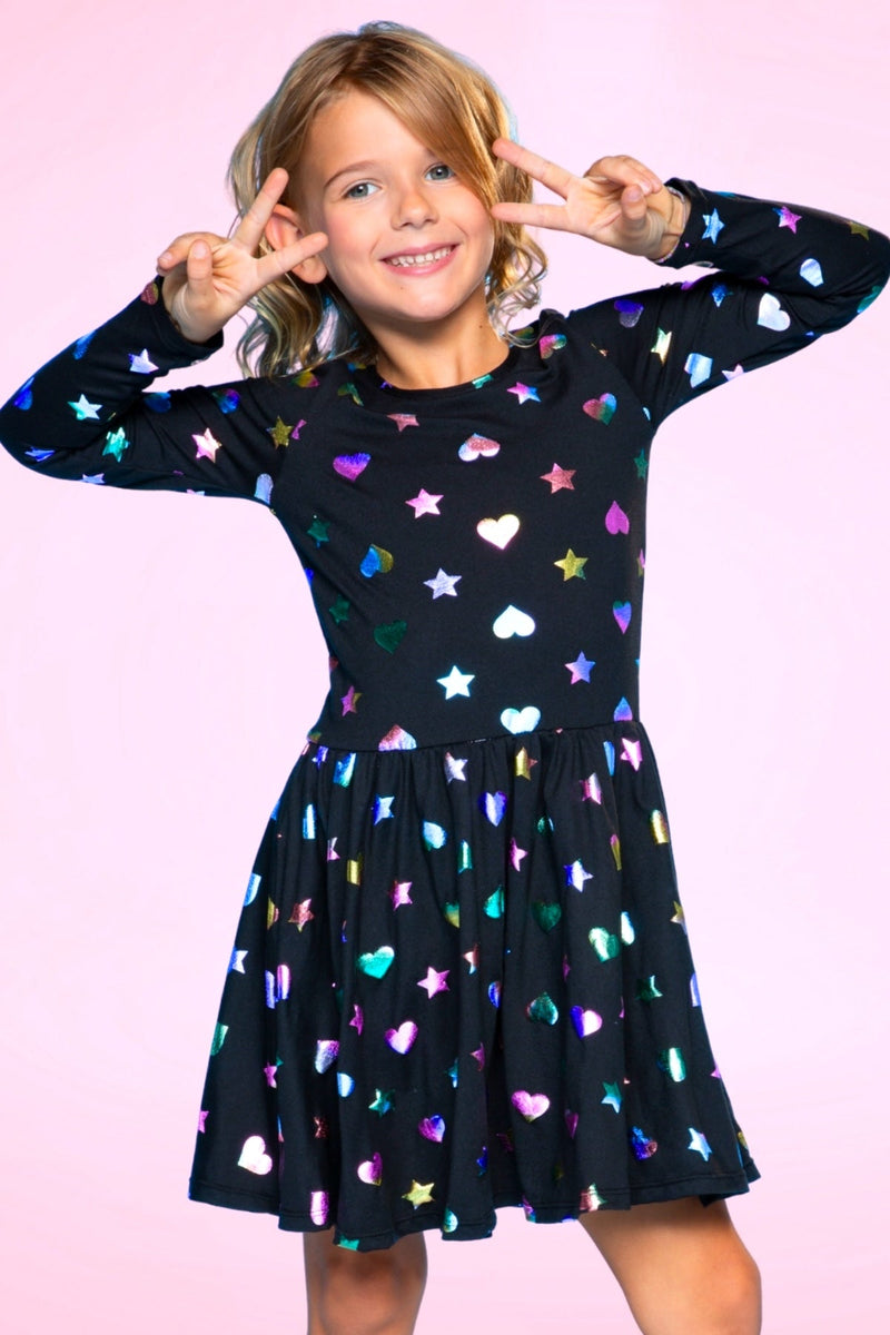 Simply Soft Long Sleeve Be Happy Dress - Black Rainbow Foil Hearts & Stars - NEW!