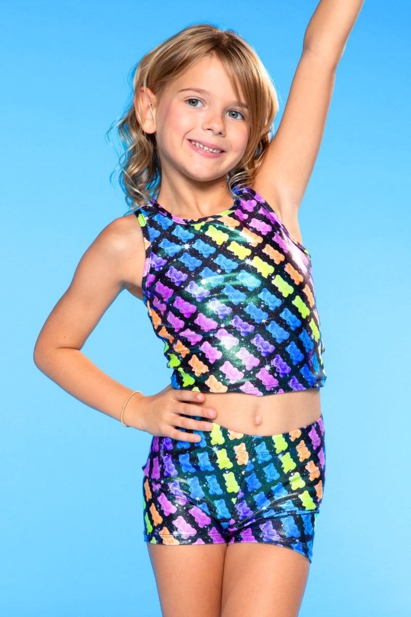 High Shine Cropped Racerback Tank & Tumble Short - Black Sparkle Rainbow Gummy Bear - NEW!