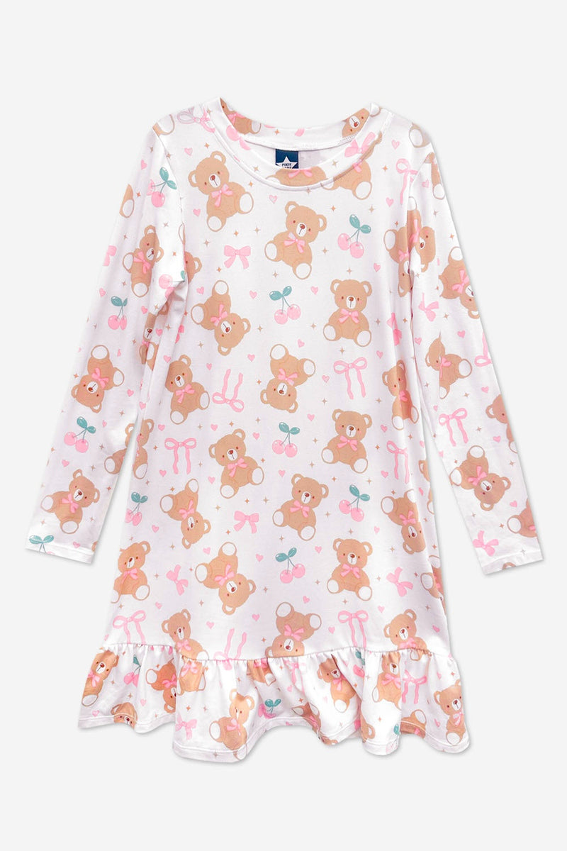Simply Soft Long Sleeve Ruffle Lounge Dress - Ivory Cherries & Bears