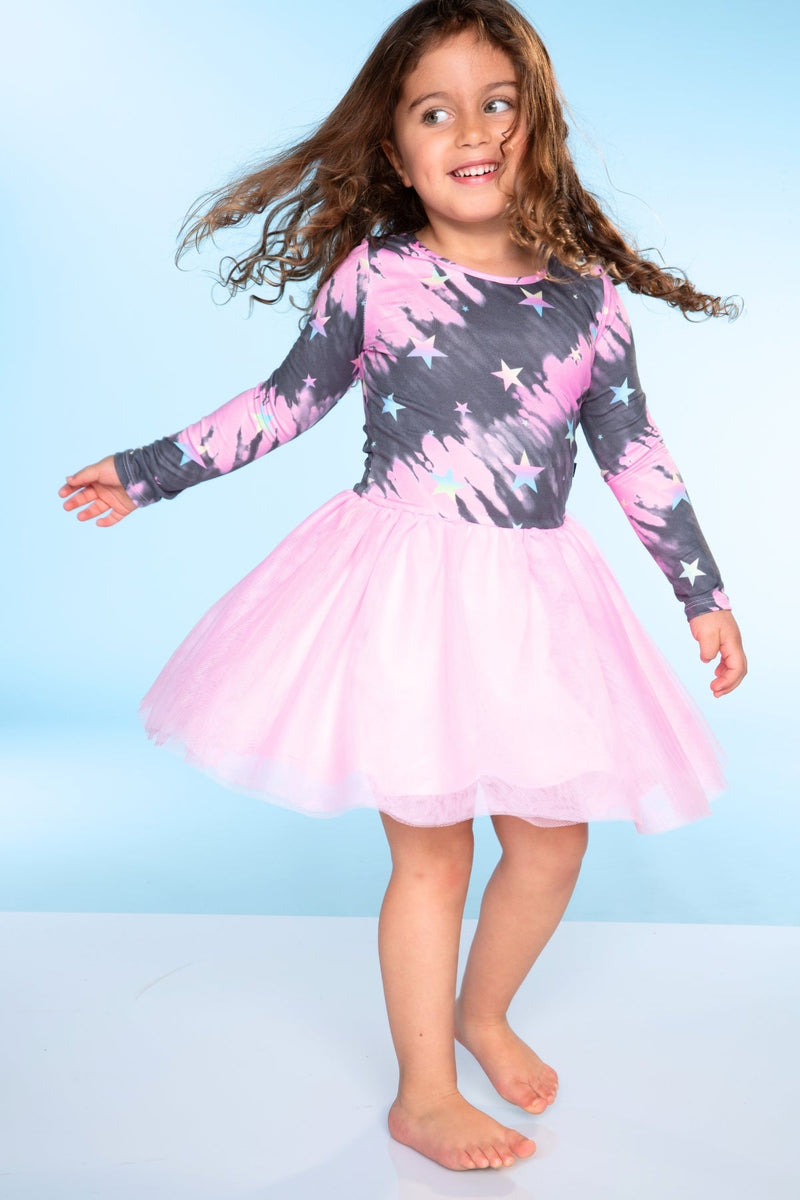 Simply Soft Long Sleeve Be Happy Tulle Dress - Pink Grey Tie Dye Stars