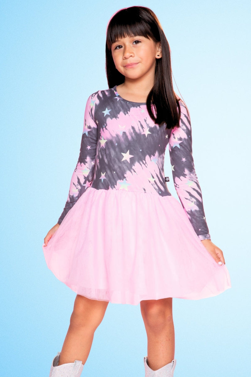 Simply Soft Long Sleeve Be Happy Tulle Dress - Pink Grey Tie Dye Stars - NEW!