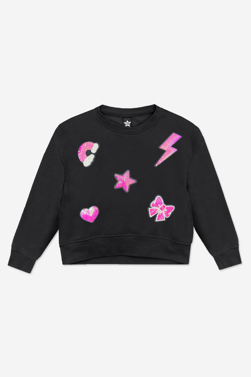Cloud Soft French Terry Everyday Sweatshirt - Black Pink Sequin Patches - NEW!