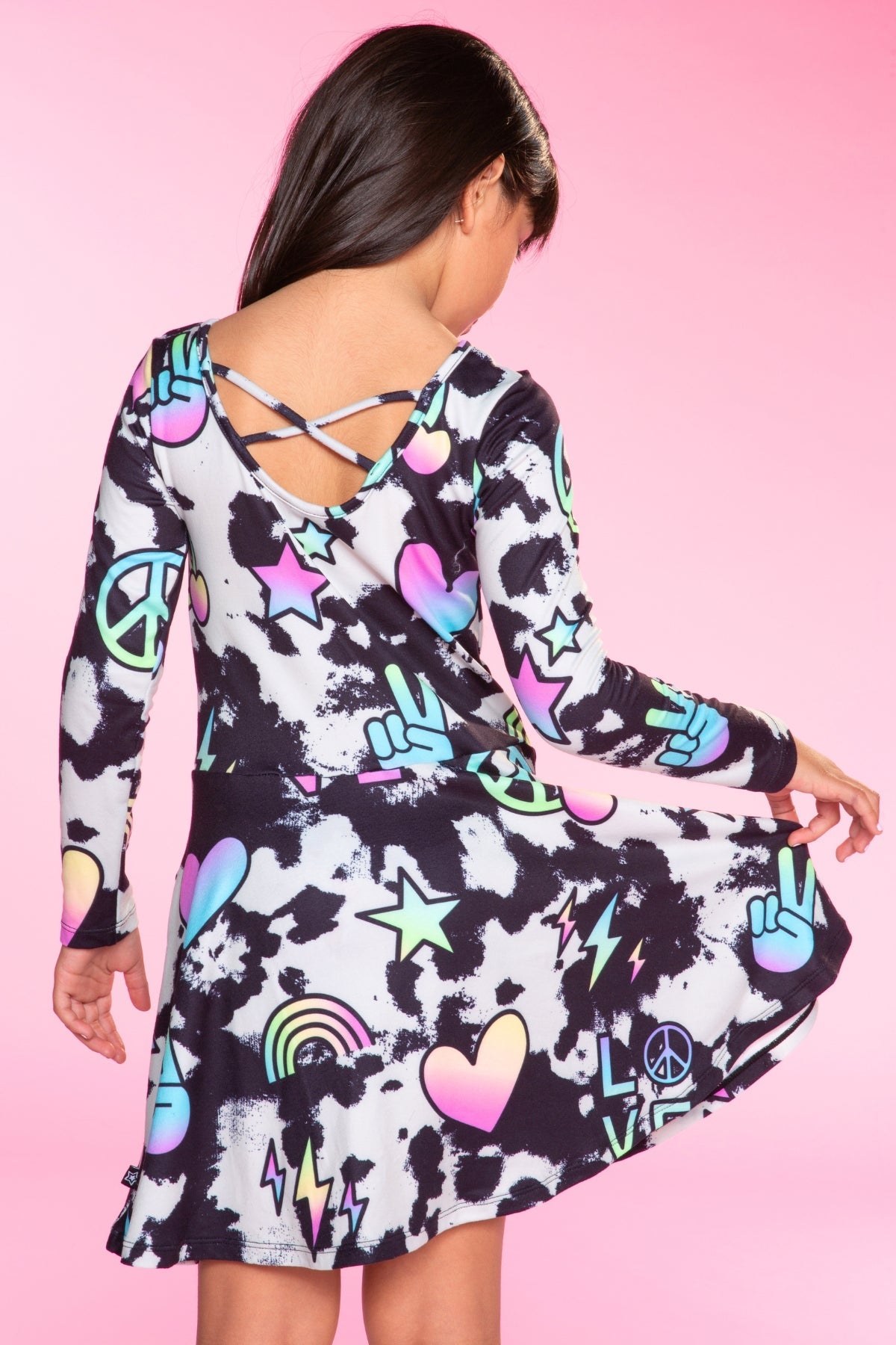 Simply Soft Long Sleeve Skater Dress - Black Tie Dye Rainbow Icons