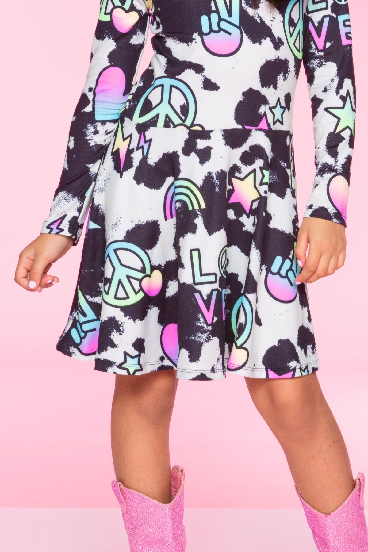 Simply Soft Long Sleeve Skater Dress - Black Tie Dye Rainbow Icons