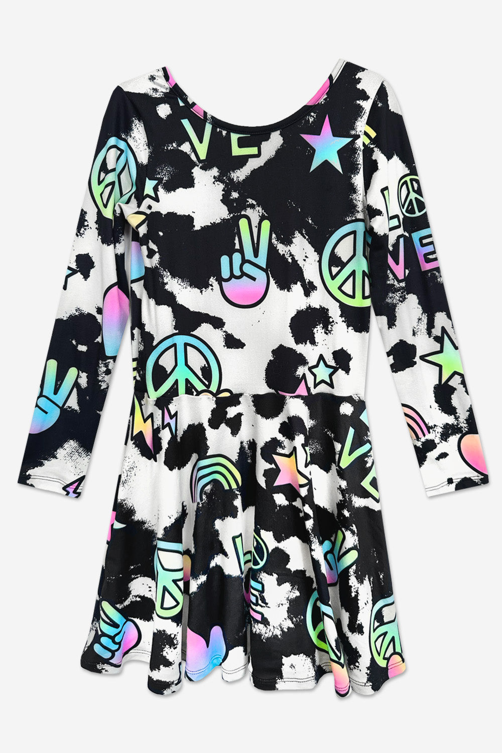 Simply Soft Long Sleeve Skater Dress - Black Tie Dye Rainbow Icons