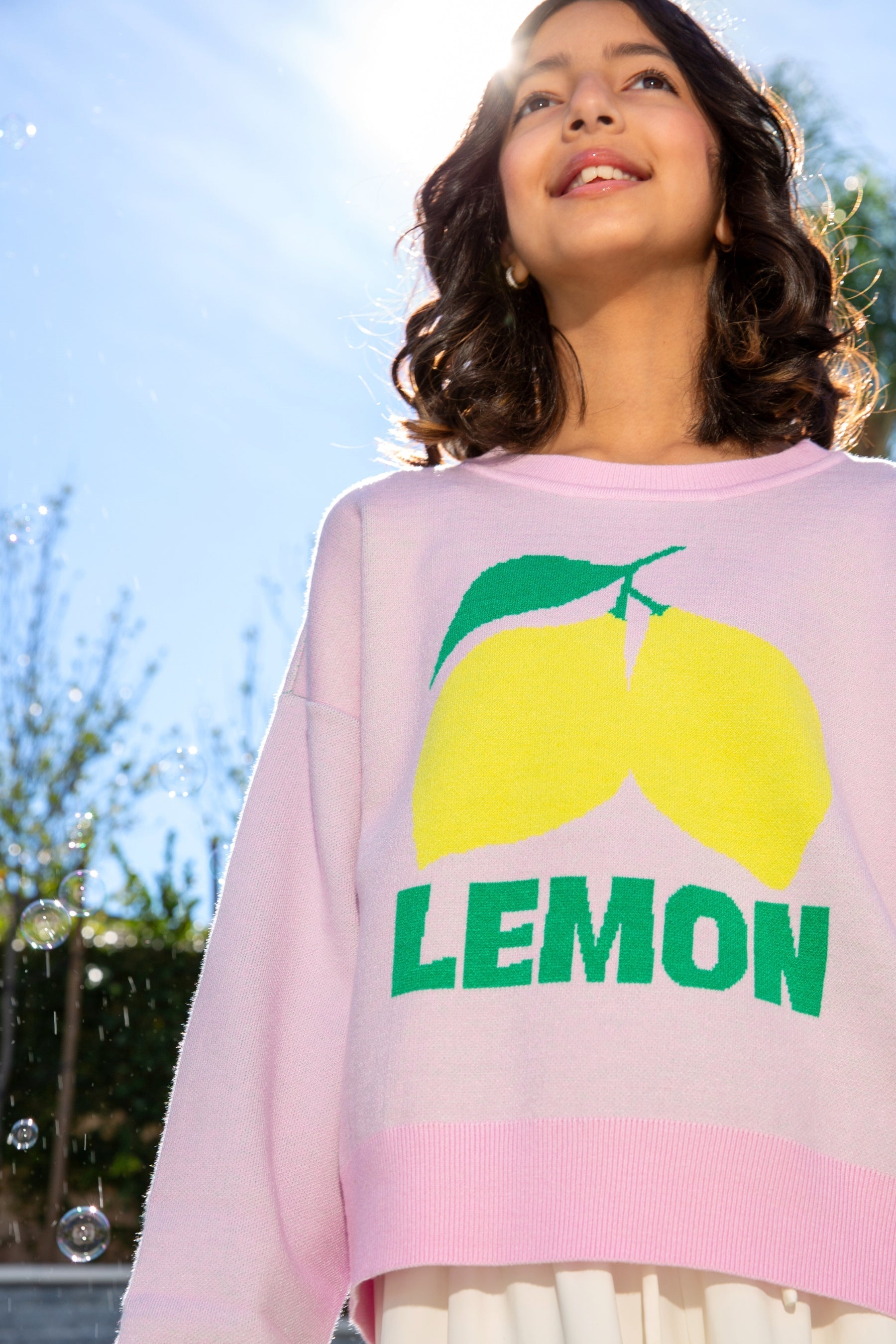 Yummy Soft Crew Neck Sweater - Ivory Neon Pink Smile