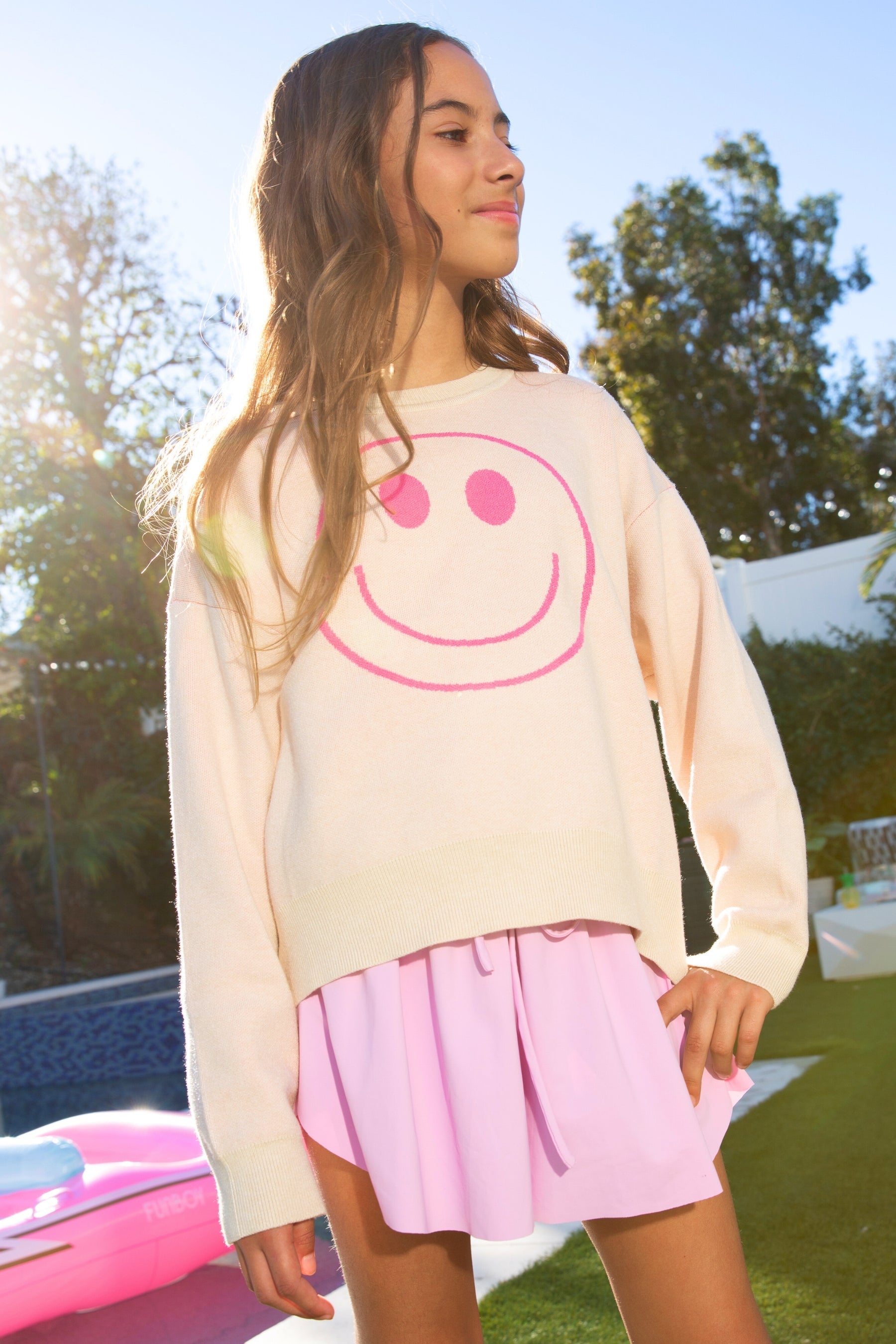 Yummy Soft Crew Neck Sweater - Ivory Neon Pink Smile